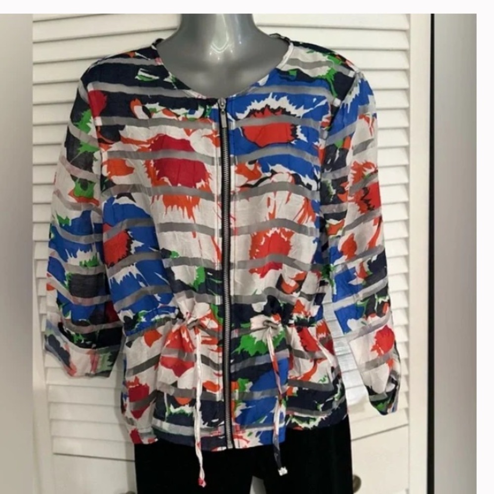 Ruby Rd.  Linen Floral Print mesh jacket with Blue and Red Accents size 12